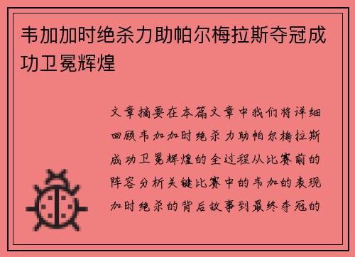 韦加加时绝杀力助帕尔梅拉斯夺冠成功卫冕辉煌